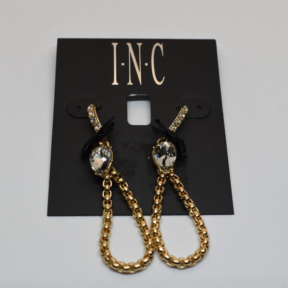 INC Gold Tone Crystal & Bow Open Drop Earrings